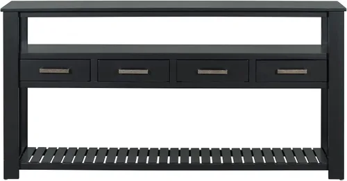 Vista 7 de LUMISOL Mesa consola con 4 cajones y estantes abiertos de 3 niveles, mesa de sofá de madera detrás del sofá con asas de metal, mesa de entrada