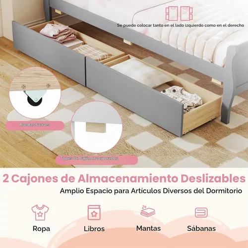 Vista 5 de KOMFOTT 2 camas individuales con 2 cajones, cama de almacenamiento individual con cabecero para dormitorio, marco de cama de madera de trineo
