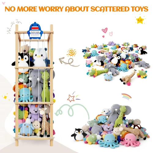 Vista 3 de Organizador grande de almacenamiento de animales de peluche y juguetes, 3 capas de 54 pulgadas de madera, lindo soporte de juguetes de zoológico