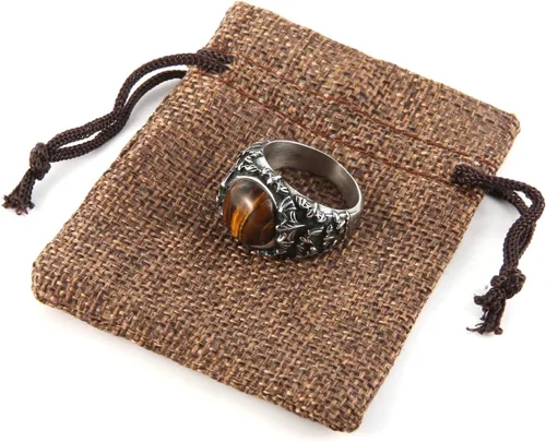 Vista 7 de HZMAN Anillo de boda retro de acero inoxidable gótico con piedra de ojo de tigre, turquesa, talla 7-14