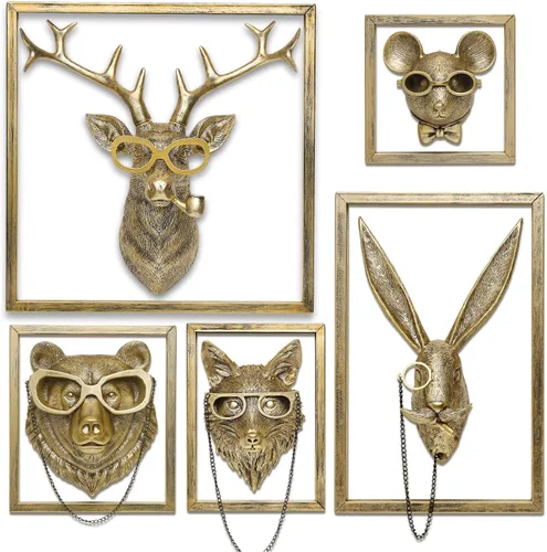 Vista 6 de Newinhome Paquete de 5 cabezas de animales para decoración de pared (marco de metal de regalo), esculturas de animales de resina, decoración