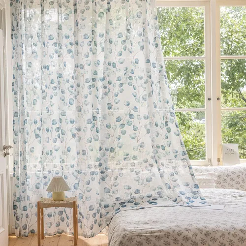 Vista 4 de SUOUO Cortinas blancas semitransparentes con hojas azules para dormitorio, comedor, sala de estar, lino texturizado de 84 pulgadas de largo