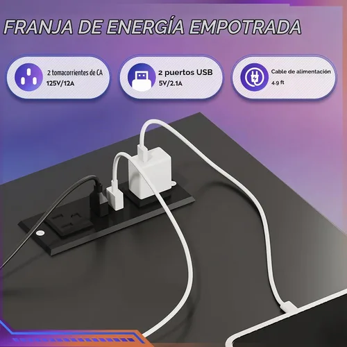 Vista 6 de DEVAISE Escritorio para juegos en forma de L de 48 pulgadas con cajones y almacenamiento, escritorio de esquina con luces LED, tomas de corriente