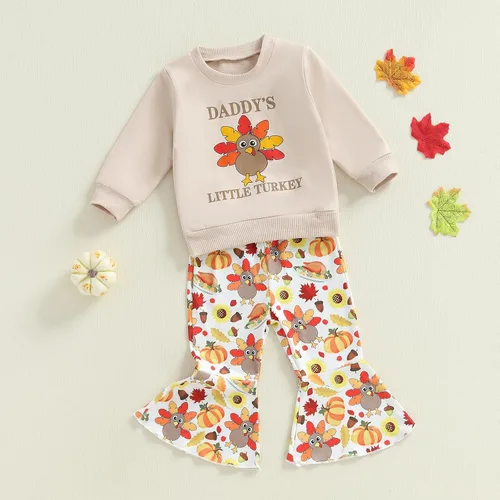 Vista 11 de BemeyourBBs Conjunto de sudadera de manga larga de pavo para niña con pantalones acampanados, ropa de otoño