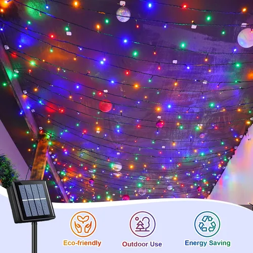 Vista 7 de QITONG Paquete de 2 luces solares de Navidad multicolor, cada cadena de 100 luces LED de 33 pies para exteriores, impermeable, 8 modos de cable
