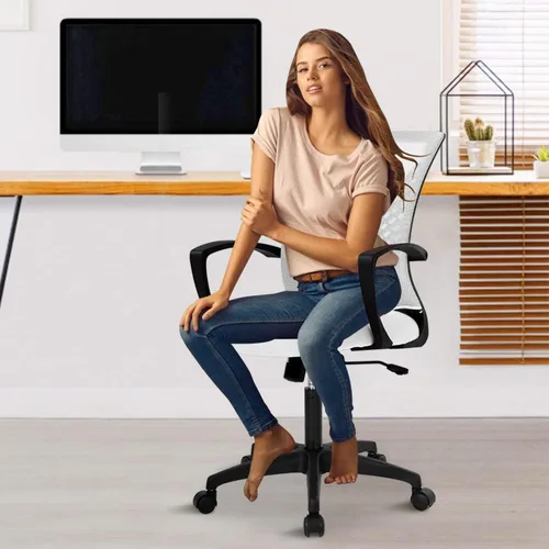 Vista 29 de Silla de oficina en casa, silla de escritorio ergonómica, respaldo medio, silla de computadora de PC con soporte lumbar y reposabrazos, silla