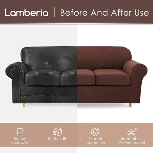 Vista 5 de Lamberia Funda de sofá de alta elasticidad para sofá de 3 cojines, 4 piezas, gruesa y lavable, funda de sofá jacquard de felpa, protector de muebles