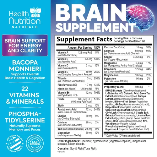 Vista 2 de Suplemento de memoria cerebral, nootrópicos de fuerza 3 veces para concentración, claridad y apoyo de enfoque, salud cerebral, vitaminas cognitivas