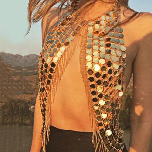 Vista 4 de DOTASI - Blusa halter de cadena con espalda descubierta para mujer con cadena de lentejuelas