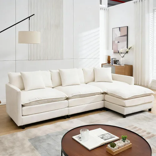 Vista 3 de Sofá modular modular de pana de 108.27 pulgadas, moderno juego de sofá para sala de estar con 3 asientos, 1 otomana y 3 almohadas, cómodos sofás