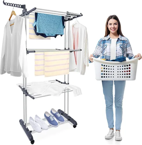 Vista 7 de Perchero de secado de ropa, grande plegable de 3 niveles para secadora de ropa, estante de almacenamiento para ropa con dos alas laterales y ruedas