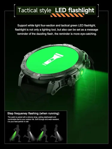 Vista 4 de Reloj inteligente para exteriores, responder llamadas, notificación de mensajes, reloj inteligente militar, compatible con iPhone, Android, linterna