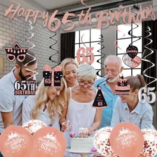 Vista 8 de WOJOGO Decoraciones de cumpleaños número 65 para mujer, kit de decoración de cumpleaños número 65 de oro rosa con pancarta, decoración de pastel