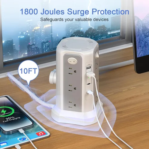 Vista 5 de Torre de regleta de protección contra sobretensiones (13A 1625W) 10 pies con puerto USB C PD20W Extension Cord with 12 AC Mutiple Outlets, Power