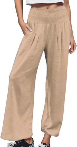 Vista 31 de SHAOBGE Pantalones palazzo de verano para mujer, cintura alta, pierna ancha, casual, cintura elástica, pantalones de playa con bolsillos