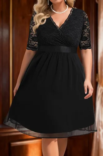 Vista 3 de Plus Size Wedding Guest Cocktail Midi Dress Lace Chiffon V Neck Wrap Negro