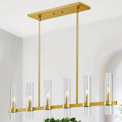 Vista 10 de Untrammelife Lámpara de Isla Lineal Moderna, Candelabro Grande Negro de 6 Luces de 36" de Ancho, Lámpara Colgante Rectangular con Pantalla de Vidrio