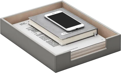 Vista 6 de Bandeja de cuero para cartas, elegante organizador de escritorio para suministros de oficina, correo, papel, archivo, revista, ahorro de espacio