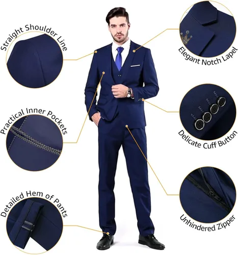 Vista 4 de MY'S - Conjunto de traje ajustado de 3 piezas con chaqueta con un botón, chaleco, corbata y pantalones