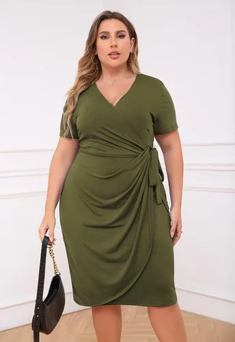 Vista 2 de Nemidor NEM303 - Vestido cruzado fruncido de talla grande para mujer, plisado, entallado, a media pierna, casual, vestido de trabajo para fiesta
