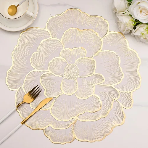 Vista 8 de Juego de 6 manteles individuales dorados con flores para mesa de comedor, manteles individuales redondos de vinilo prensado metálico de 15 pulgadas