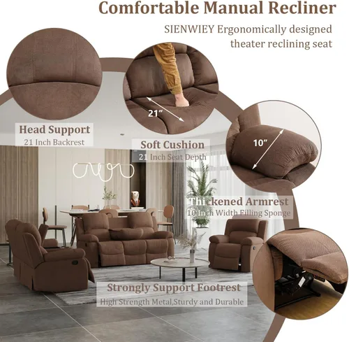 Vista 4 de Sofá reclinable manual, sofá reclinable con portavasos de 3 asientos, sofá de 3 asientos con mesa auxiliar desplegable para sala de estar, oficina