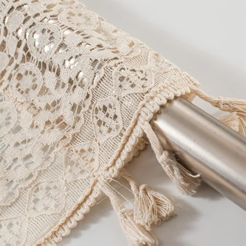 Vista 8 de RYNGHIPY Cenefa de cortina de crochet para ventana de cocina, cortinas de macramé desgastadas con borlas, tratamiento de ventana de encaje