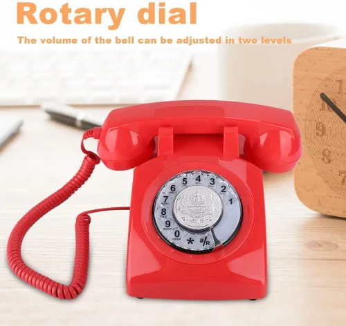 Vista 2 de Teléfono con cable Retro Rotary Dial Teléfono con cable Teléfono fijo de escritorio vintage (rojo)