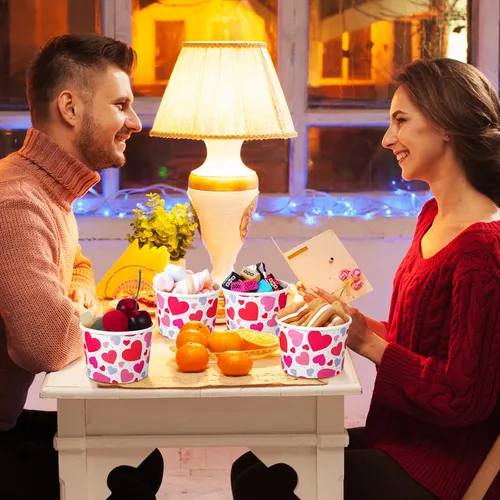 Vista 6 de Shellwei 100 cuencos de papel de helado para el día de San Valentín de 9 onzas a granel, tazas de aperitivos con corazón rojo, tazones de postre