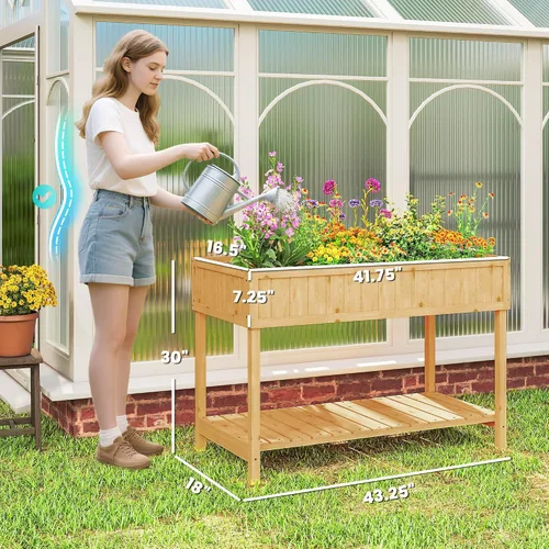Vista 7 de Outsunny Cama de jardín elevada de 43 x 18 x 30 pulgadas con 8 bolsillos y estante, maceta elevada de madera con patas para cultivar hierbas, Madera