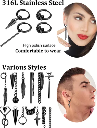 Vista 3 de Hicarer 20 aretes colgantes de acero inoxidable para hombre, aretes de aro con bisagras Kpop
