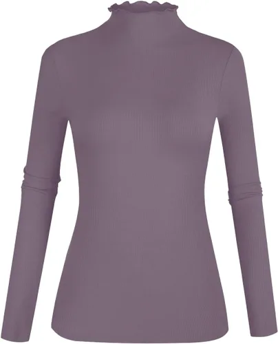 Vista 26 de POPZONE - Camiseta de manga larga con cuello alto falso, ajustada, de punto acanalado con ribete de lechuga para mujer