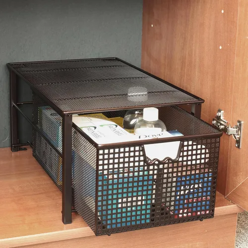 Vista 7 de Deco Brothers Cesta Deslizante Apilable Extraíble para Gabinete con Divisores, Grande, Bronce Organizador para debajo del fregadero, bronce