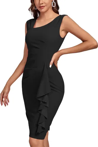 Vista 3 de Vrtige Vestido de cóctel ajustado sin mangas con cuello en V y volantes en la parte delantera para mujer