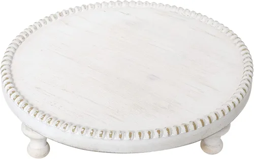 Vista 3 de SwallowLiving Soporte de Pie de Bandeja Redonda Blanca Rústica de Madera con Borde de Cuentas Estilo Granja con Acabado Blanco Lavado