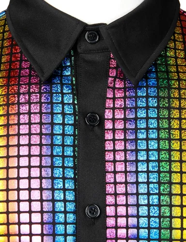 Vista 4 de JOGAL Camisa de vestir para hombre de lentejuelas plateadas manga corta botones hacia abajo de los años 70