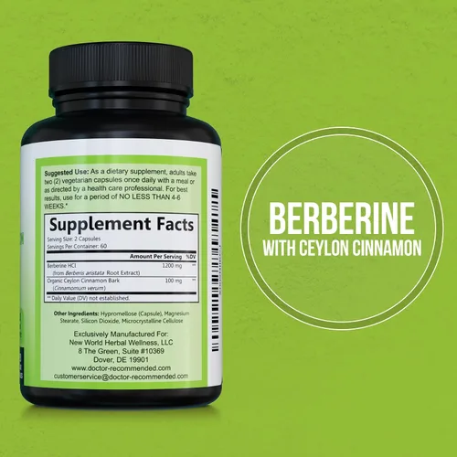 Vista 2 de DOCTOR RECOMMENDED SUPPLEMENTS Berberina con canela de Ceilán, 1200 mg de berberina y 100 mg de canela de Ceilán orgánica, 120 cápsulas vegetales