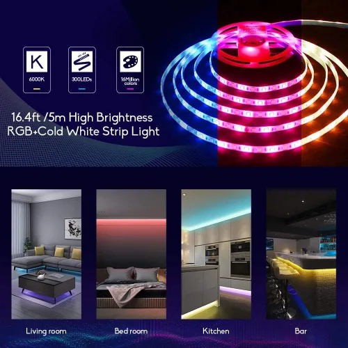 Vista 2 de GIDERWEL Tira de luz LED RGBW, 16.4 pies RGB + Blanco Frío SMD5050 Tiras LED flexibles de 12V 300LEDs, Tira de luz LED de cambio de color mixto