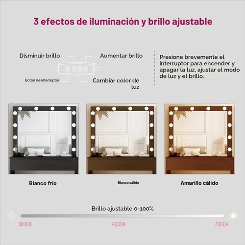Vista 4 de Panana Escritorio de tocador con espejo y luces, negro, tamaño mediano, soporte de mesa, mesa de tocador de maquillaje con taburete, dormitorio