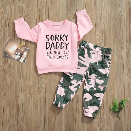 Vista 3 de Conjunto de ropa de manga larga con estampado de letras bendecidas y pantalones de camuflaje para niñas pequeñas