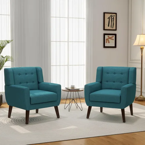 Vista 25 de Accent Chair Set of 1, Comfy Reading Armchair, Beige Linen Blend, Tufted Button Backrest, Solid Wood Frame, Upholstered Club Single Sofa Chairs