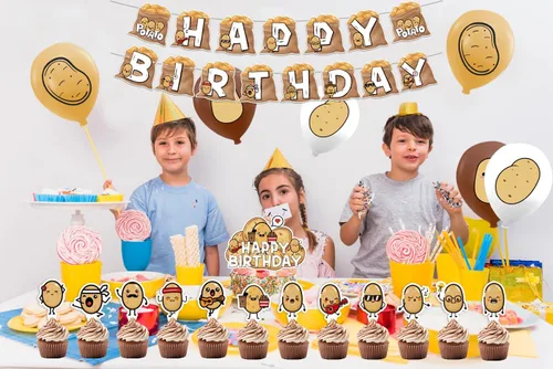 Vista 7 de Suministros para fiestas de papas – Decoraciones de cumpleaños de dibujos animados que incluyen pancarta feliz, decoración de pastel, decoración