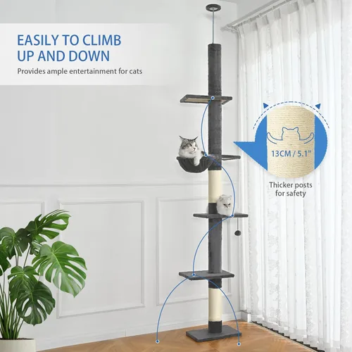 Vista 6 de Cat Craft Árbol para gatos de piso a techo, torre para gatos de 5 niveles de altura con altura ajustable (98-110), árbol para gatos de techo delgado