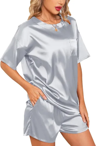 Vista 3 de Anjue Satin Pajamas for Women Soft Silk Pajama Set for Women Short Sleeve Sleepwear Top with Causal Pj Shorts S-XXL