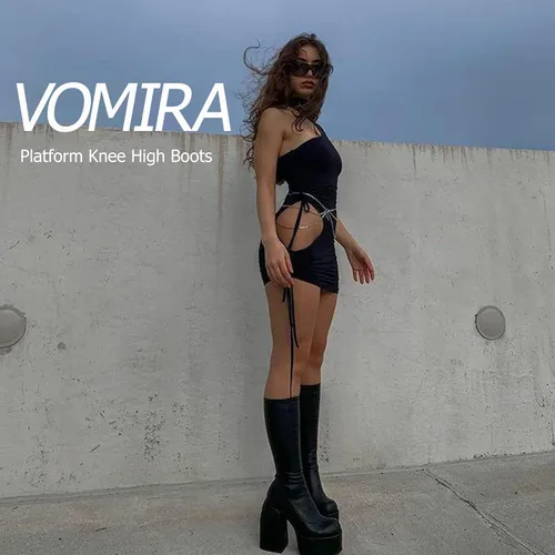 Vista 2 de VOMIRA Botas de tobillo para mujer, tacón alto grueso, puntera cuadrada, cremallera lateral, botas elásticas de piel sintética, botas de plataforma