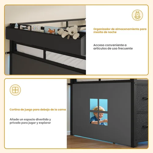 Vista 8 de ADORNEVE Cama baja tipo loft tamaño individual con 7 cajones de almacenamiento, estantería y luces LED, cama alta de metal para niños con barandilla