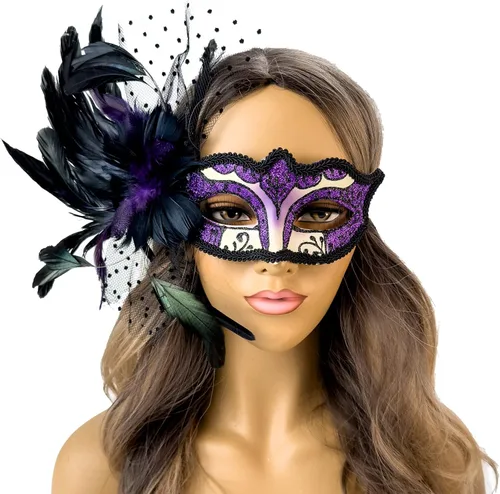 Vista 7 de Elegante máscara de plumas para mascarada, Mardi Gras, máscaras burlesque para mujer, disfraz de plumas, máscaras venecianas