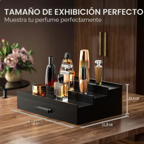 Vista 4 de Sephyroth Organizador de colonia para hombre, 3 niveles, estante elevado de exhibición de colonia con cajón, organización de perfumes y elevadores