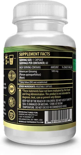 Vista 4 de Actif Ginseng americano - 100% auténtico ginseng de 10 años, sin OMG, 500 mg - Fabricado en Estados Unidos