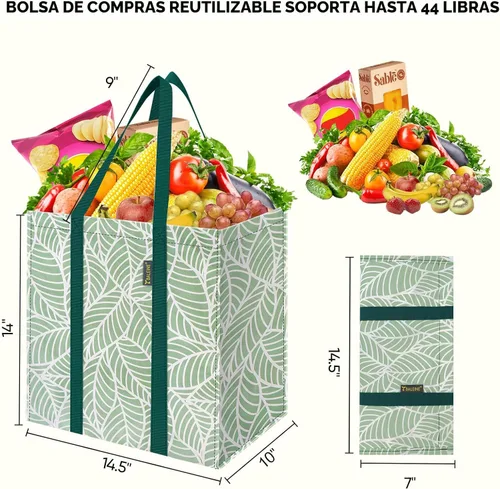 Vista 2 de BALEINE Paquete de 2 bolsas de comestibles reutilizables con parte inferior reforzada, bolsas plegables resistentes (follaje antiguo)